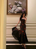 Niulatu Sheath Straps Black Floral Prom Dresses Birthday Outfits Evening Gown SD1096