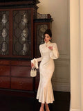 Niulatu Mermaid High Neckline Ivory Satin Date Night Dress Prom Dresses Birthday Outfits SD1098