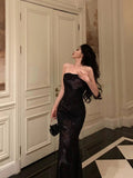 Niulatu Sheath Strapless Black Floral Prom Dresses Birthday Outfits Evening Gown SD1100