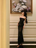 Niulatu Sheath Strapless Black Floral Prom Dresses Birthday Outfits Evening Gown SD1100