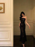 Niulatu Sheath Strapless Black Floral Prom Dresses Birthday Outfits Evening Gown SD1100