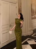 Niulatu Mermaid High Neckline Green Satin Floral Date Night Dress Long Prom Dresses Birthday Outfits SD1108