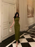 Niulatu Mermaid High Neckline Green Satin Floral Date Night Dress Long Prom Dresses Birthday Outfits SD1108