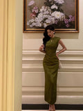 Niulatu Mermaid High Neckline Green Satin Floral Date Night Dress Long Prom Dresses Birthday Outfits SD1108