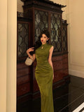 Niulatu Mermaid High Neckline Green Satin Floral Date Night Dress Long Prom Dresses Birthday Outfits SD1108