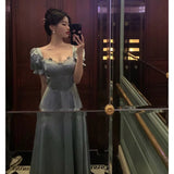 Niulatu A Line Sweetheart Blue Satin Prom Dresses Birthday Outfits Evening Gown SD1109