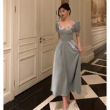 Niulatu A Line Sweetheart Blue Satin Prom Dresses Birthday Outfits Evening Gown SD1109