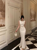 Niulatu Mermaid Jewel Neckline White Satin Floral Date Night Dress Long Prom Dresses Birthday Outfits SD1113