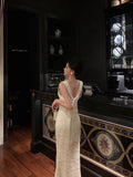 Niulatu Mermaid Jewel Neckline White Satin Floral Date Night Dress Long Prom Dresses Birthday Outfits SD1113