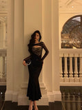 Niulatu Mermaid Black Lace Date Night Dress Long Prom Dresses Birthday Outfits SD1117