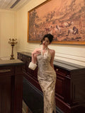 Niulatu Sheath Straps Halter Floral Satin Prom Dresses Birthday Outfits Evening Gown SD1120