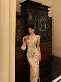 Niulatu Sheath Straps Halter Floral Satin Prom Dresses Birthday Outfits Evening Gown SD1120