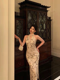 Niulatu Sheath Straps Halter Floral Satin Prom Dresses Birthday Outfits Evening Gown SD1120