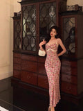 Niulatu Mermaid Spaghetti Straps Pink Floral Date Night Dress Long Prom Dresses Birthday Outfits SD1121