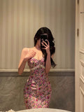 Niulatu Mermaid Spaghetti Straps Pink Floral Date Night Dress Long Prom Dresses Birthday Outfits SD1121