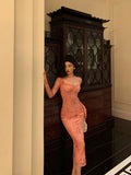 Niulatu Sheath Square Neckline Long Sleeves Pink Lace Date Night Dress Long Prom Dresses Birthday Outfits SD1122