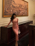 Niulatu Sheath Square Neckline Long Sleeves Pink Lace Date Night Dress Long Prom Dresses Birthday Outfits SD1122
