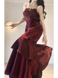 Niulatu A line Spaghetti Straps Christmas Dress Burgundy Birthday Dresses Birthday Outfits SD1128