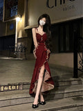 Niulatu High Low Spaghetti Straps Lolita Dress Christmas Dress Burgundy Birthday Dresses SD1129