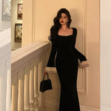 Niulatu Mermaid Square Neckline Black Prom Dresses Birthday Outfits Evening Gowns SD1132