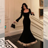 Niulatu Mermaid Square Neckline Black Prom Dresses Birthday Outfits Evening Gowns SD1132