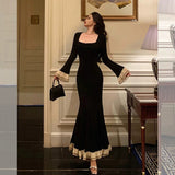 Niulatu Mermaid Square Neckline Black Prom Dresses Birthday Outfits Evening Gowns SD1132