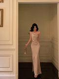 Niulatu Sheath Straps Champagne Slit Prom Dresses Long Birthday Outfits SD1135