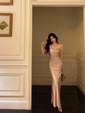 Niulatu Sheath Straps Champagne Slit Prom Dresses Long Birthday Outfits SD1135