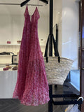 Niulatu A line Straps Ruffled Hot Pink Floor Length Floral Beach Dress Women's Vacation Dresses SD1137