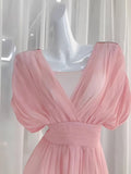 Niulatu A line V Neckline Ruffled Pink Chiffon Beach Dress Women's Vacation Dresses SD1141