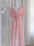 Niulatu A line V Neckline Ruffled Pink Chiffon Beach Dress Women's Vacation Dresses SD1141