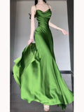 Niulatu Sheath Spaghetti Straps Green Satin Beach Dress Women's Vacation Dresses SD1145