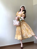 Niulatu French A line Square Neckline Yellow Holiday Dress Floral Birthday Dresses Birthday Outfits SD1149