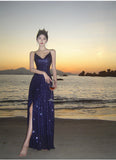 Niulatu Sheath Spaghetti Straps Blue Sequin Beach Dress Women's Vacation Dresses Prom Dress SD1152