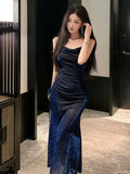 Niulatu Sheath Spaghetti Straps Navy Blue Sequin Birthday Dresses Prom Dress SD1153