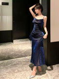 Niulatu Sheath Spaghetti Straps Navy Blue Sequin Birthday Dresses Prom Dress SD1153