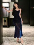 Niulatu Sheath Spaghetti Straps Navy Blue Sequin Birthday Dresses Prom Dress SD1153