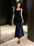 Niulatu Sheath Spaghetti Straps Navy Blue Sequin Birthday Dresses Prom Dress SD1153