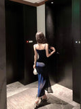 Niulatu Sheath Spaghetti Straps Navy Blue Sequin Birthday Dresses Prom Dress SD1153