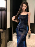 Niulatu Sheath Spaghetti Straps Navy Blue Sequin Birthday Dresses Prom Dress SD1153