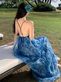 Niulatu A line Spaghetti Straps Blue Floral Backless Holiday Beach Dress Women's Long Vacation Dresses SD1155