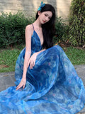 Niulatu A line Spaghetti Straps Blue Floral Backless Holiday Beach Dress Women's Long Vacation Dresses SD1155
