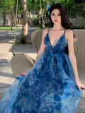 Niulatu A line Spaghetti Straps Blue Floral Backless Holiday Beach Dress Women's Long Vacation Dresses SD1155