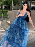 Niulatu A line Spaghetti Straps Blue Floral Backless Holiday Beach Dress Women's Long Vacation Dresses SD1155