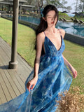 Niulatu A line Spaghetti Straps Blue Floral Backless Holiday Beach Dress Women's Long Vacation Dresses SD1155
