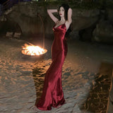 Niulatu Sheath Spaghetti Straps Red Backless Satin Birthday Dresses Prom Dress SD1158