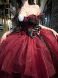 Niulatu Ball Gown Strapless Burgundy Tulle Birthday Dresses Night Party Dress SD1159