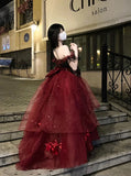 Niulatu Ball Gown Strapless Burgundy Tulle Birthday Dresses Night Party Dress SD1159