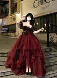 Niulatu Ball Gown Strapless Burgundy Tulle Birthday Dresses Night Party Dress SD1159