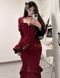 Niulatu Mermaid Square Neckline Christmas Dress Burgundy Birthday Dresses Birthday Outfits SD1161